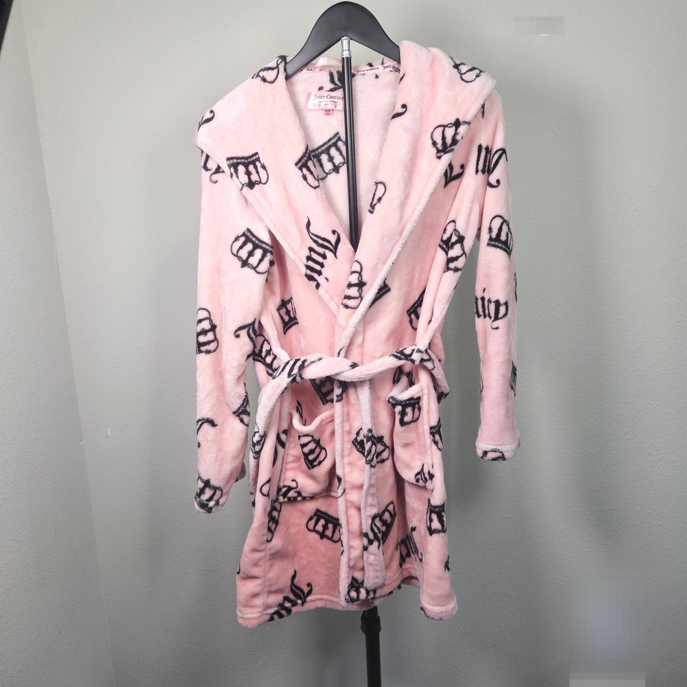 Juicy Couture Robe Women SM Pink Black Crown Logo Hooded Plush Y2K Loungewear